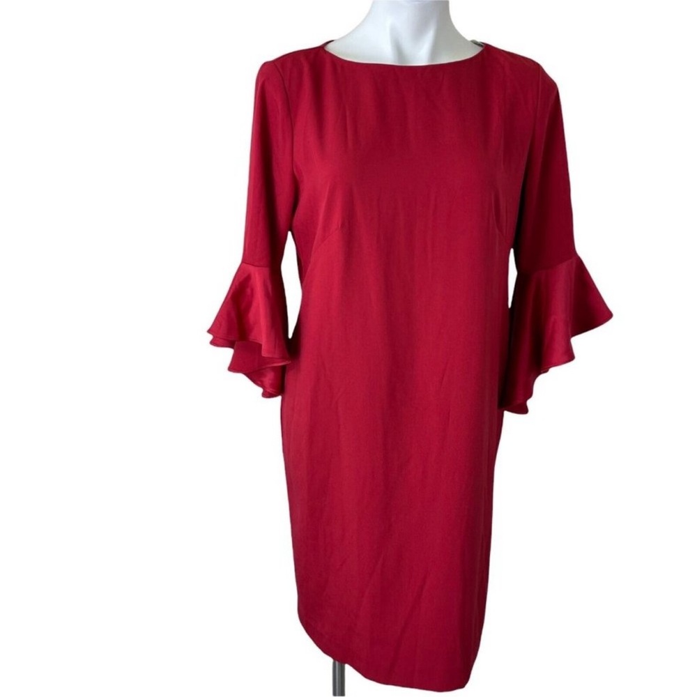 Red Ruffle-Sleeve Sheath Dress - Satin Ruffle - Picture 2 of 12
